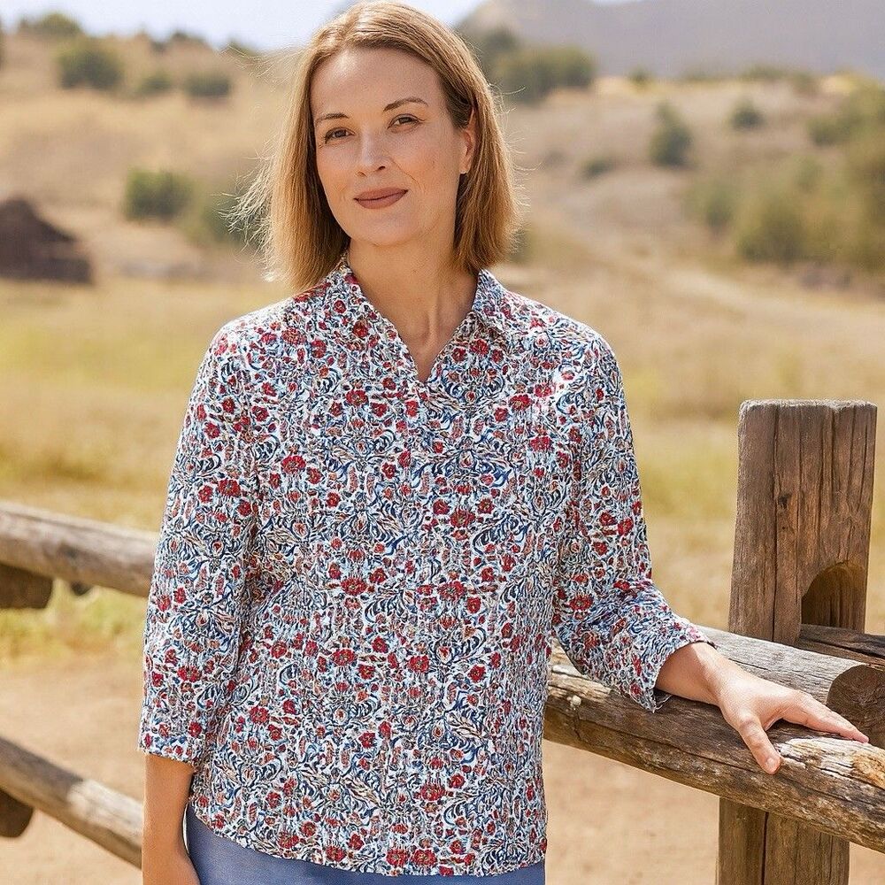 Lands’ End Floral Button Down Top L Red Blue Long Sleeve Western Classic Warm